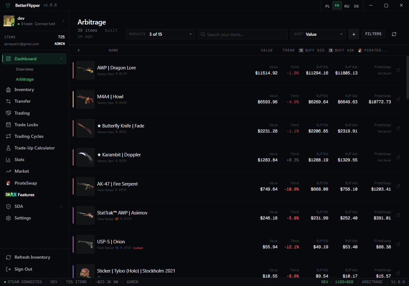 BetterFlipper arbitrage workspace comparing Buff bid, Buff ask, and PirateSwap prices with trend columns.