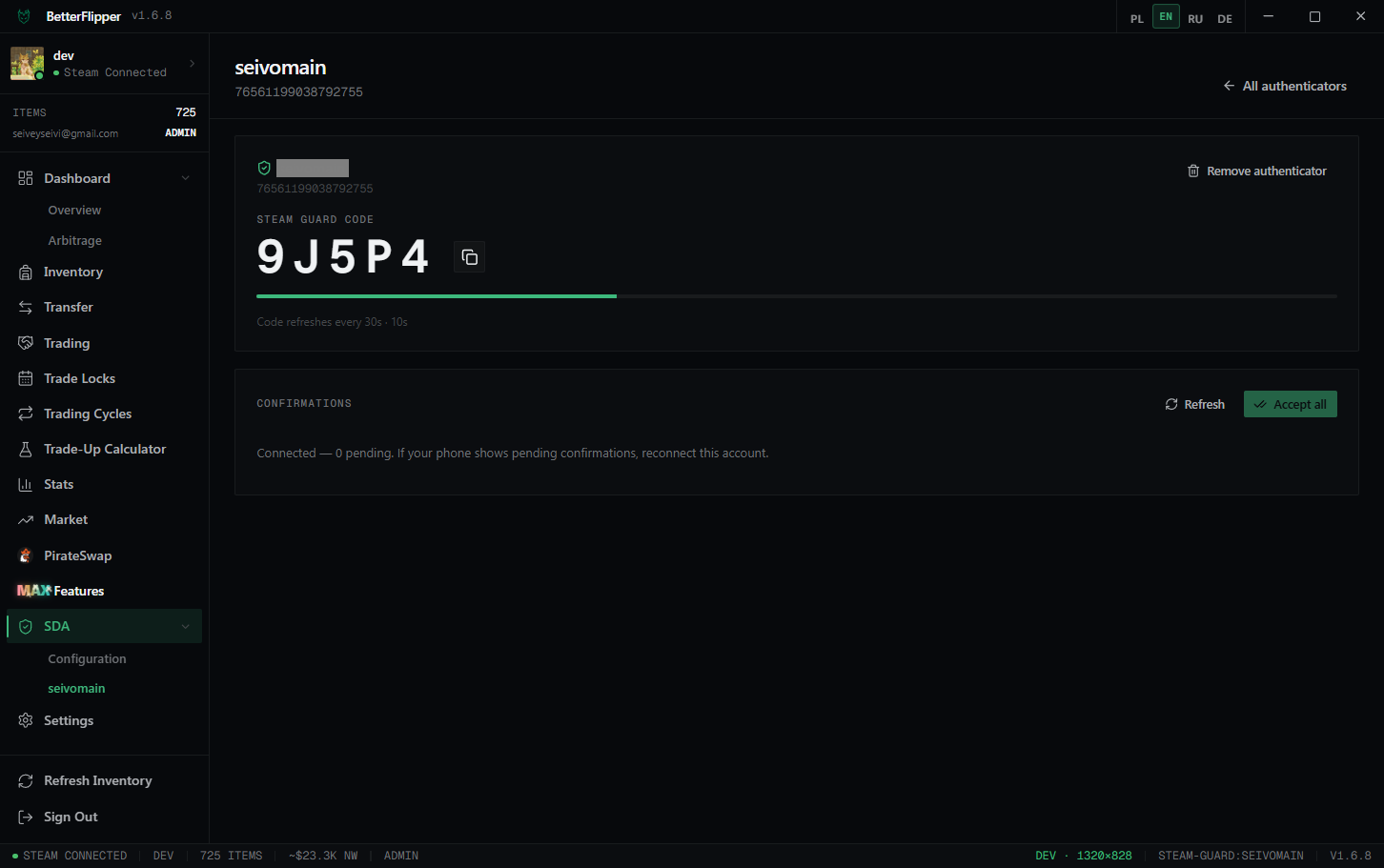 BetterFlipper built-in Steam authenticator generating a Steam Guard code with a confirmations panel.