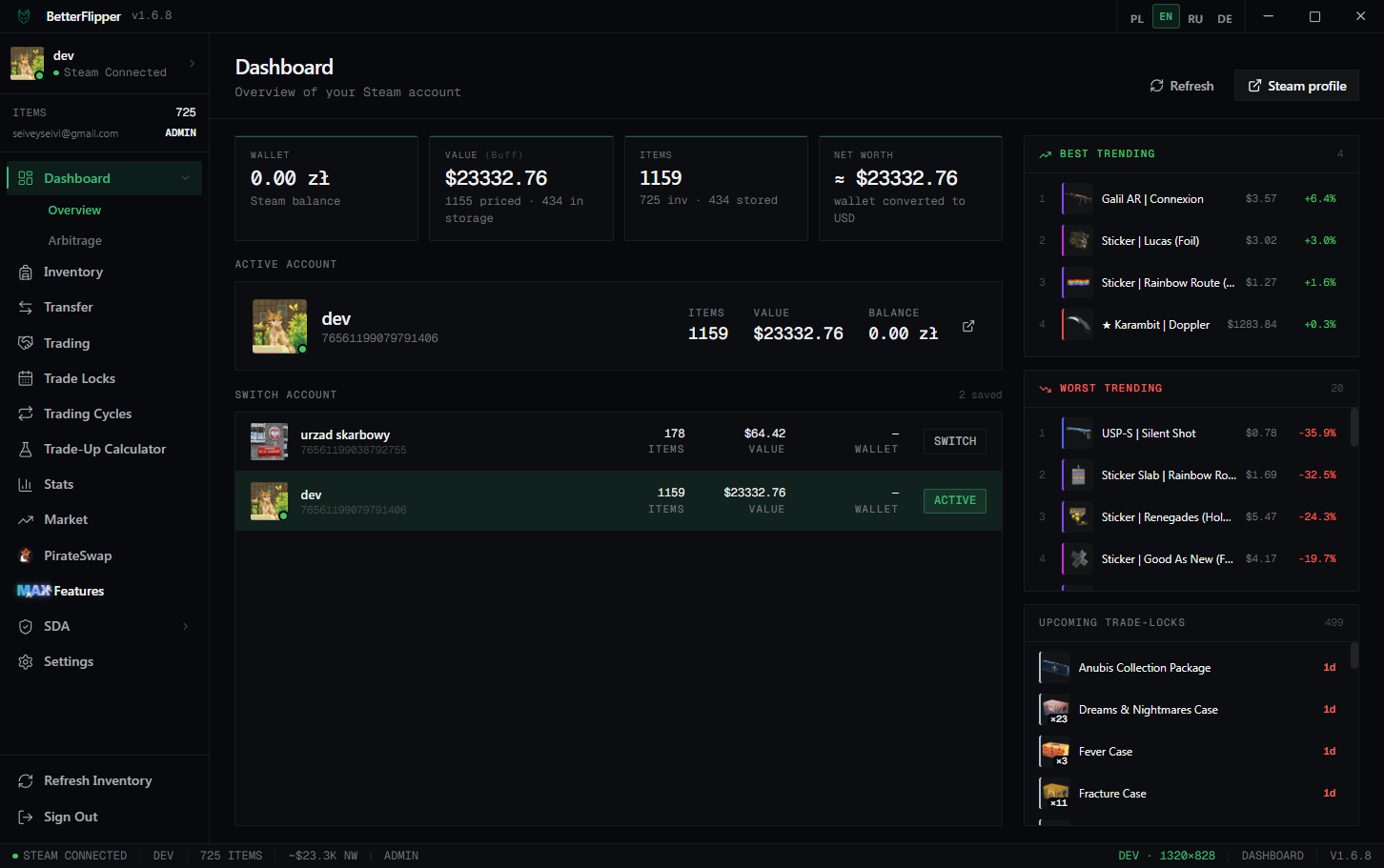 BetterFlipper dashboard showing wallet, inventory value, net worth, active account, and best/worst trending items.