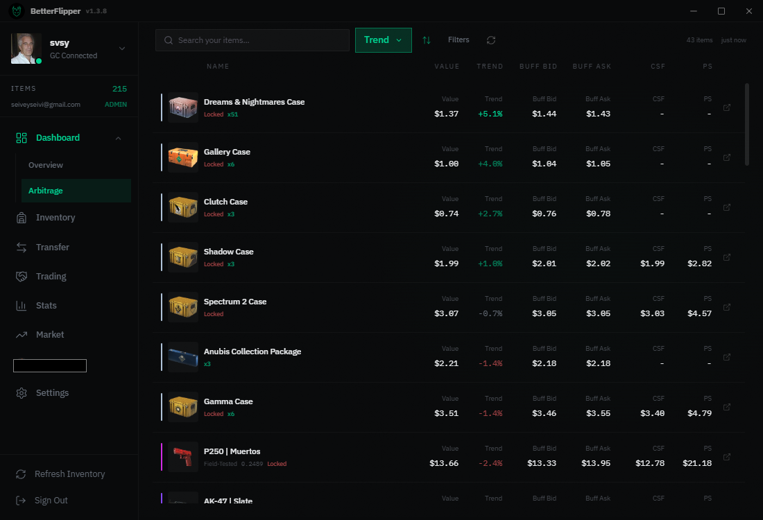 Inventory Manager arbitrage dashboard with cross-market values and trend columns.
