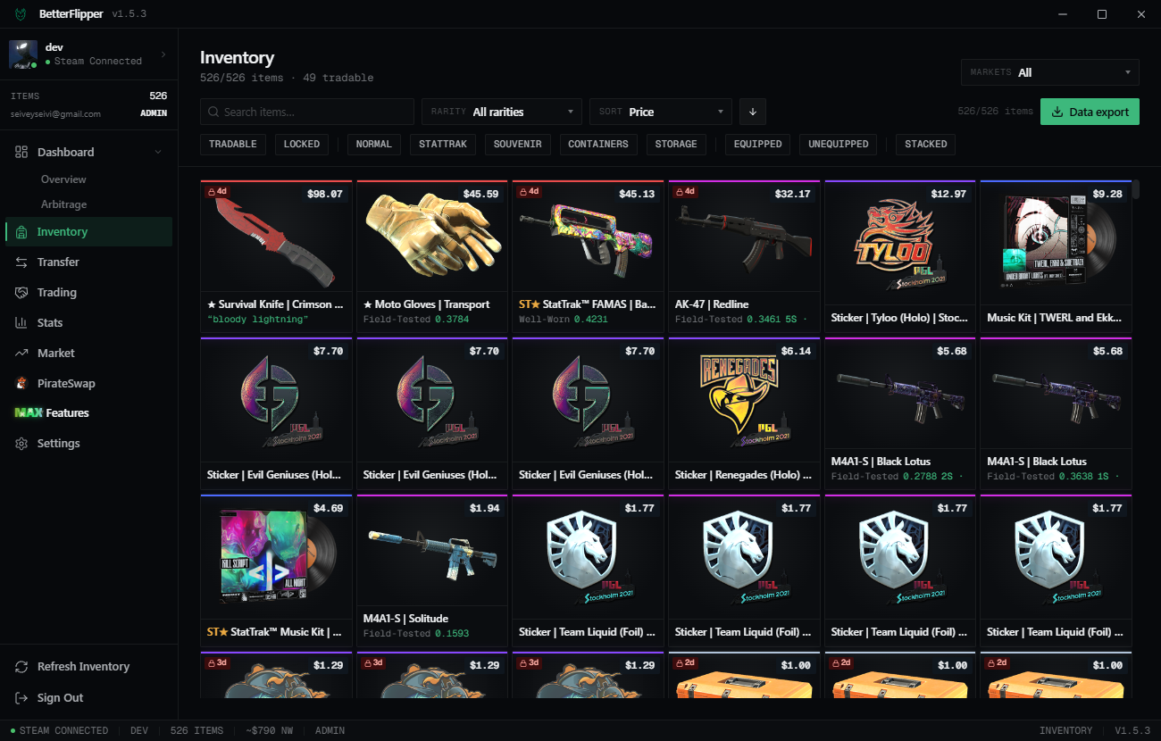 Inventory Manager inventory grid with item tiles, filters, and stacked mode.