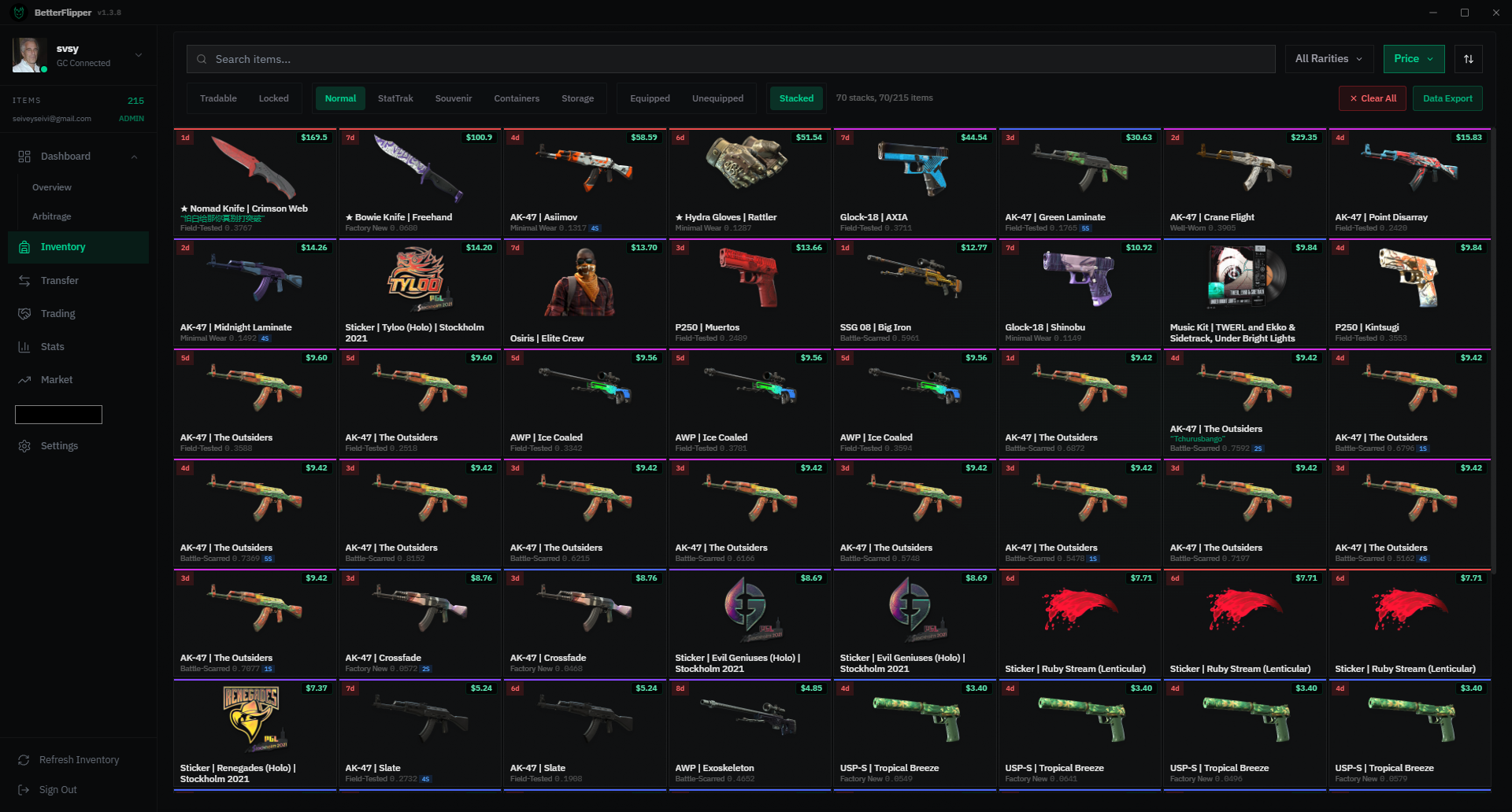Inventory Manager inventory grid with item tiles, filters, and stacked mode.