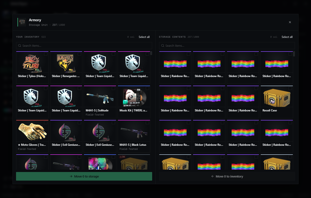 Inventory Manager storage units screen with unit listing, search, and item management.