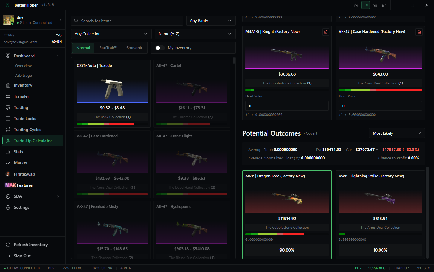 BetterFlipper trade-up calculator showing inputs, potential outcomes, expected value, and profit chance.