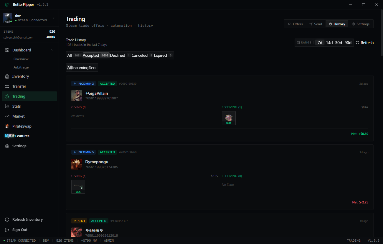 Inventory Manager trading screen with offers, transfer pane, and trade history.