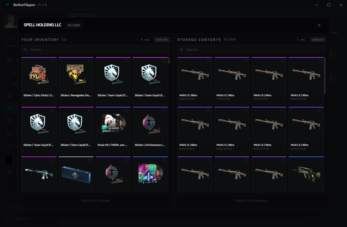 Inventory Manager transfer screen with inventory and storage panes for item movement.
